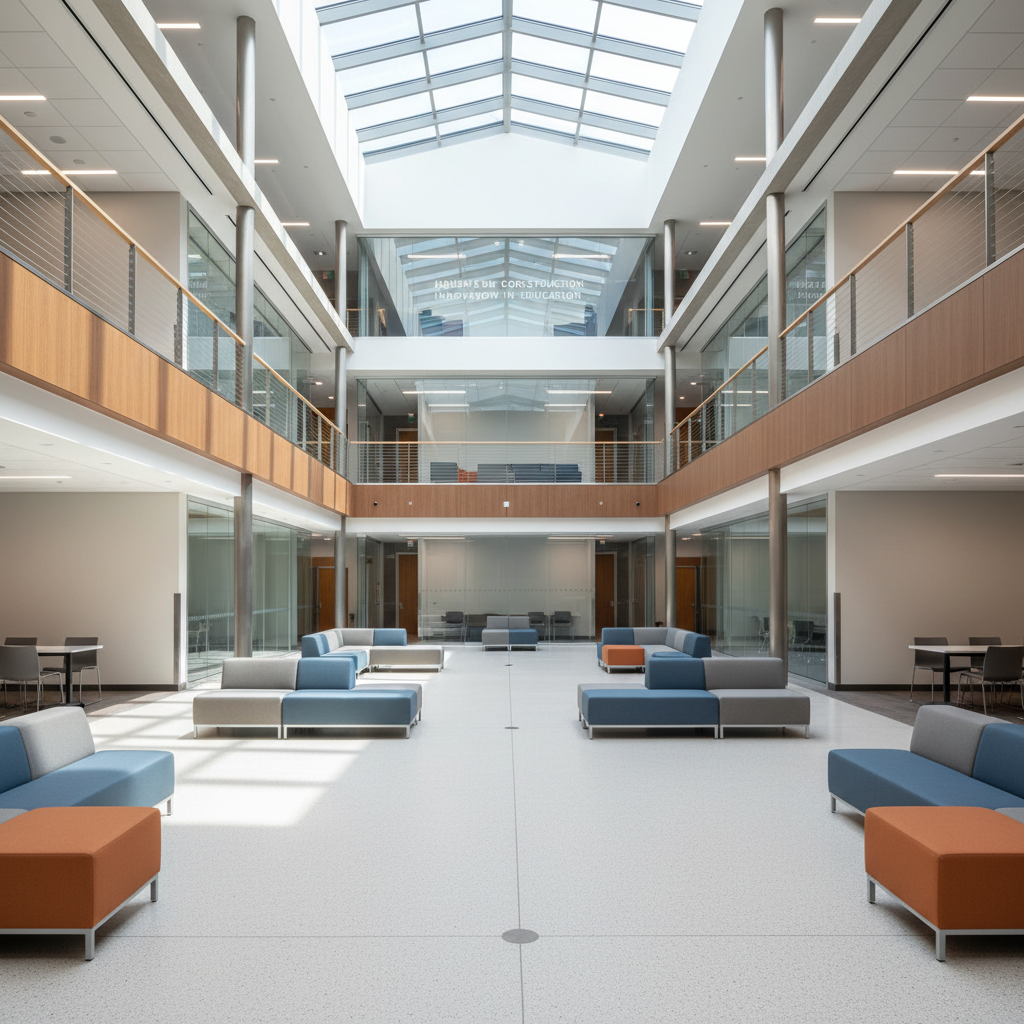 A bright, photographic view of a modern student collaboration hub at a university, captured from an eye-level angle that emphasizes openness and flexibility. A central double-height atrium is ringed by glass-front project rooms and balcony walkways, all framed by slender steel columns and minimalist cable railings. Furnishings are implied as low, geometric forms without specific human use, ensuring the focus remains on the architecture, finishes, and daylighting strategy. Sunlight filters through large skylights, creating soft pools of light across the pale terrazzo floor. The mood is vibrant yet controlled, suggesting innovation and community. Clean lines and a balanced composition communicate a sophisticated editorial style, suitable for showcasing student spaces and campus life enabled by Hausmann’s construction expertise.