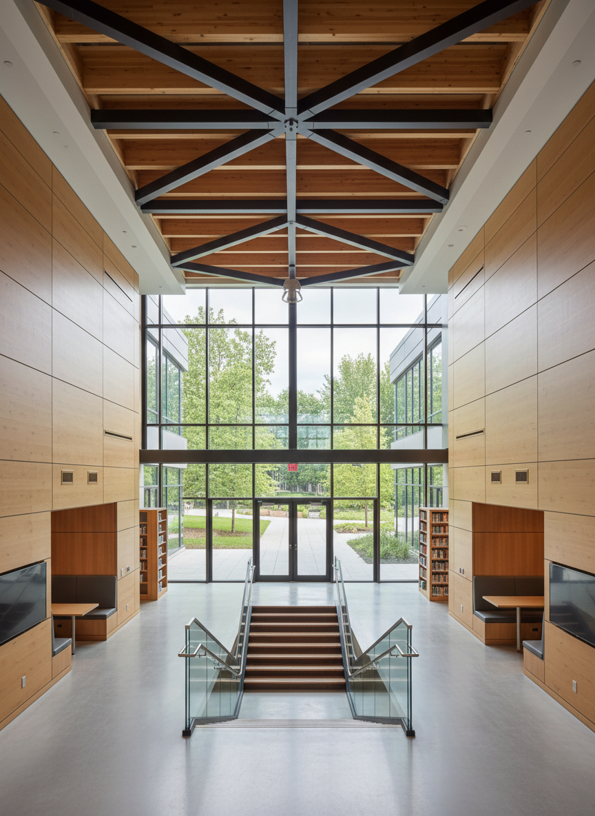 A close, eye-level photographic view of a finished higher education learning commons, featuring double-height ceilings, exposed structural beams, and expansive floor-to-ceiling windows framing a landscaped quad. The main subject is the architecture: warm natural wood cladding, polished concrete floors, and sleek glass railings lining a central staircase. Light streams in as bright but diffused daytime illumination, creating crisp reflections and subtle shadow lines. Study alcoves, bookcases, and integrated technology nooks appear as architectural features without any people present. The atmosphere is scholarly yet contemporary, conveying Hausmann’s mastery of modern academic environments. The composition uses leading lines from the staircase and ceiling beams to draw the eye inward, delivering a clean, sophisticated editorial aesthetic.