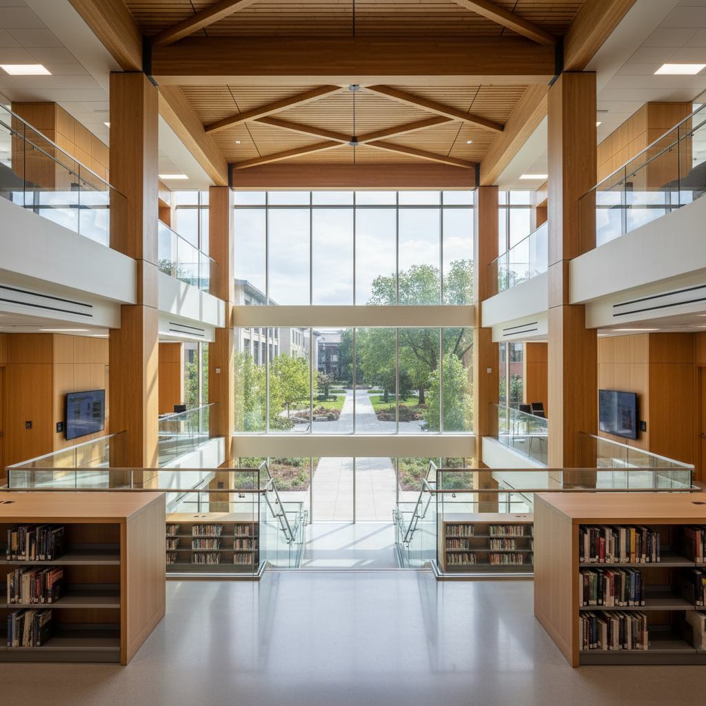 A close, eye-level photographic view of a finished higher education learning commons, featuring double-height ceilings, exposed structural beams, and expansive floor-to-ceiling windows framing a landscaped quad. The main subject is the architecture: warm natural wood cladding, polished concrete floors, and sleek glass railings lining a central staircase. Light streams in as bright but diffused daytime illumination, creating crisp reflections and subtle shadow lines. Study alcoves, bookcases, and integrated technology nooks appear as architectural features without any people present. The atmosphere is scholarly yet contemporary, conveying Hausmann’s mastery of modern academic environments. The composition uses leading lines from the staircase and ceiling beams to draw the eye inward, delivering a clean, sophisticated editorial aesthetic.